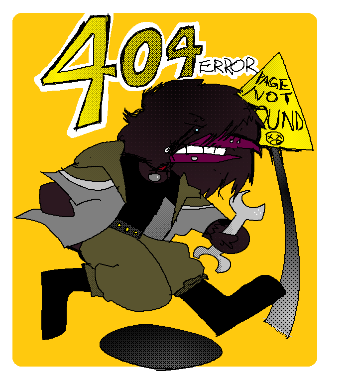 Large text that reads: 404 ERROR. Below it is an anthropomorphic turkey vulture with long feather-hair. He is holding a wrench, and running towards the right side of the screen. To his right is a triangular yellow sign that reads: PAGE NOT FOUND