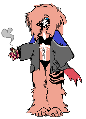 art of Juno's fursona, Junebug; he is a poodle with peach-colored body fur, a white face, snakebite piercings, and blue eyes.